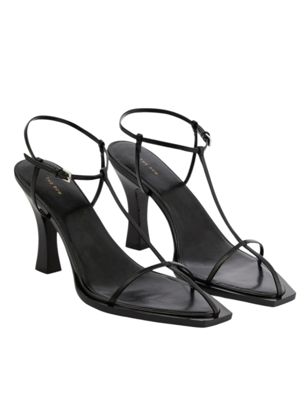 The Row Minimalist Quiet Luxury Black Leather T-Strap Strappy Sandals Heels